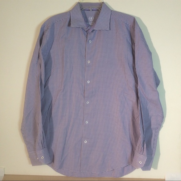 Bugatchi Sz 17.5 Purple White Check Pattern Button Front Long Sleeve Shirt - Picture 1 of 6
